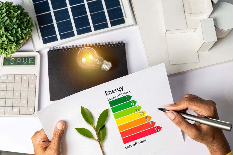 Concept of energy efficiency with man planning to use energy