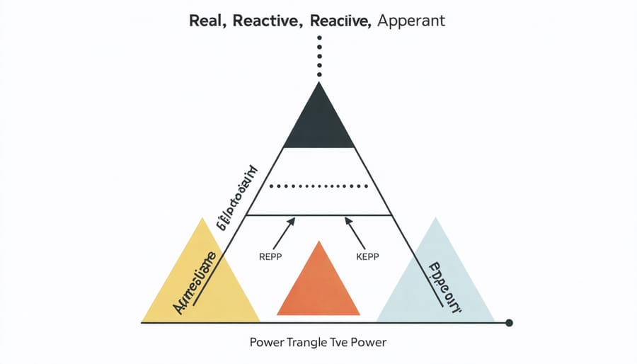 Triangle diagram illustrating relationship between watts, vars, and VA with power factor angle
