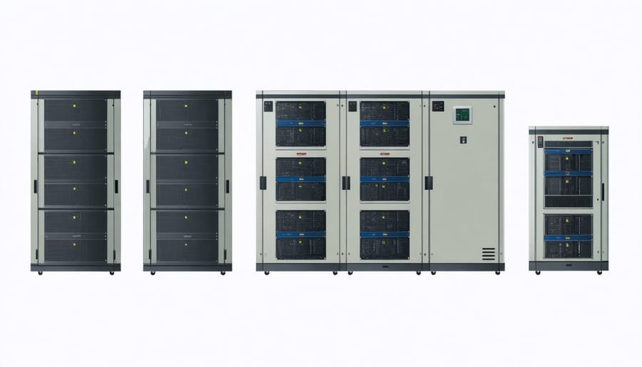 Schematic diagram of three-phase UPS system showing battery connections and major components