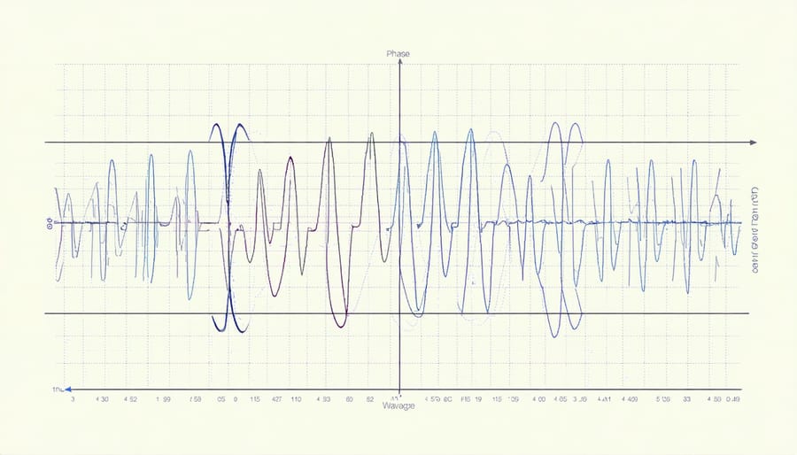 Three sinusoidal waveforms representing three-phase voltages offset by 120 degrees