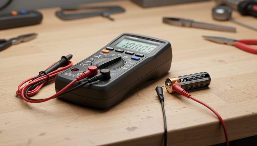 Car battery and digital multimeter on a workbench for measuring voltage