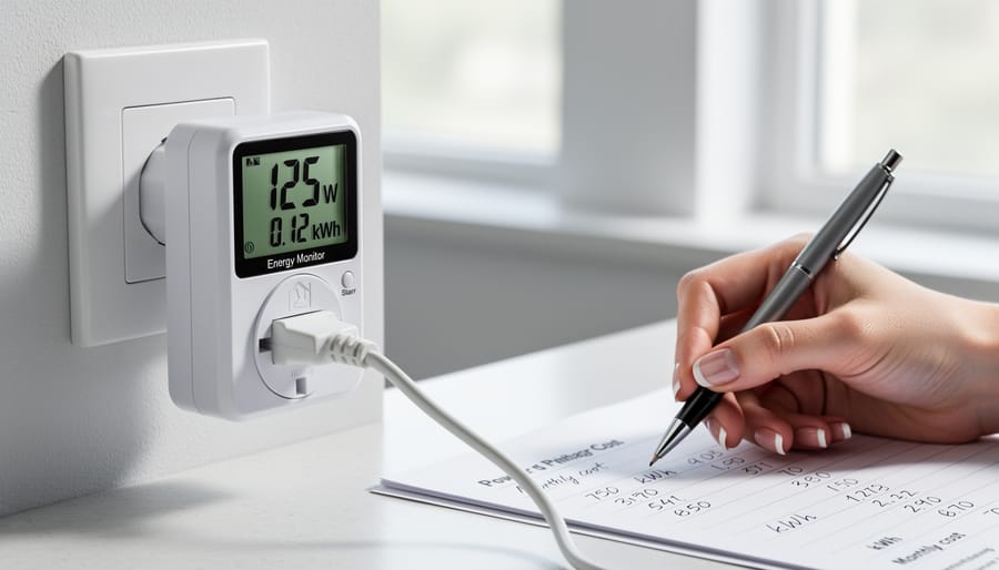 Close-up of a plug-in watt meter connected to a wall outlet next to a small kitchen appliance.