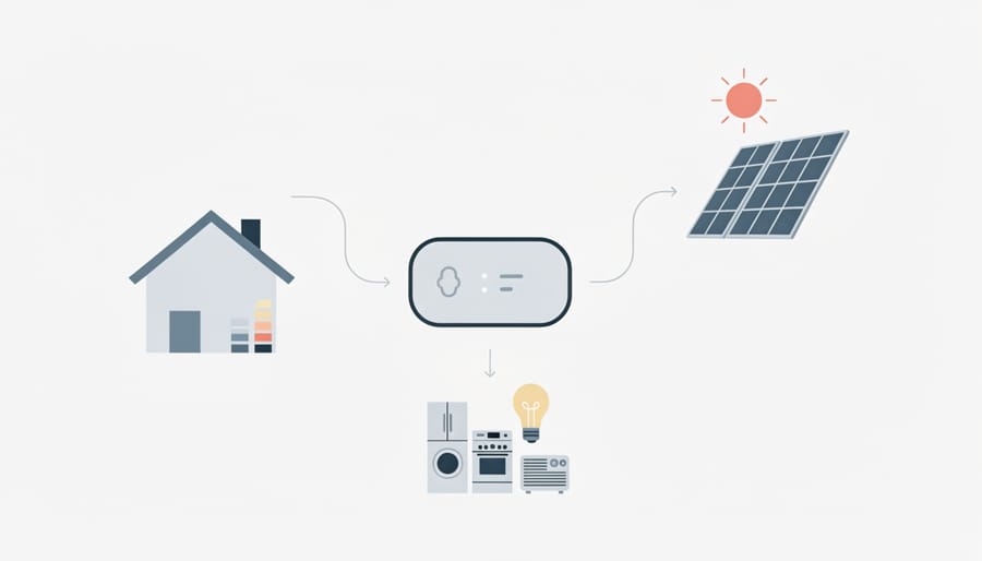 Energy monitoring device connected to a power cord in a home setting representing appliance wattage and cost planning.