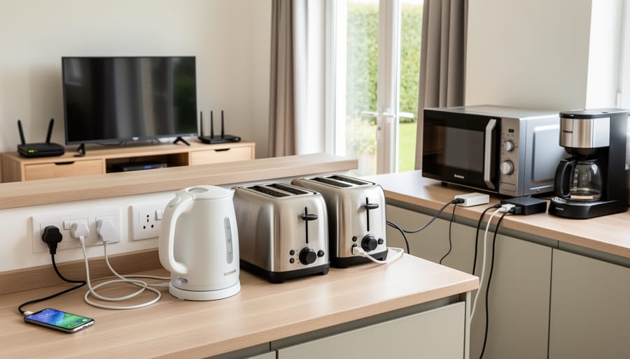 Home power outlet with household appliances plugged in, suggesting where appliance wattage and usage begin.