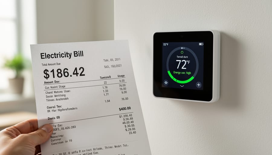 Person holding an electricity bill near a thermostat by a window, linking appliance energy use to monthly costs.