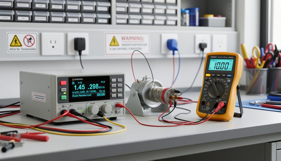 Technician using insulated leads and a load resistor to measure battery terminal voltage