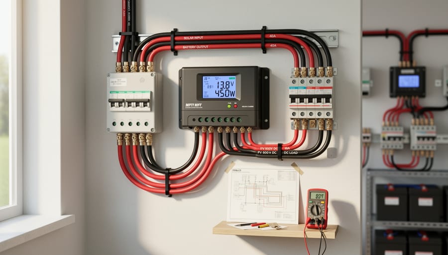 Solar charge controller and neatly routed DC wiring with mounting hardware in a real installation