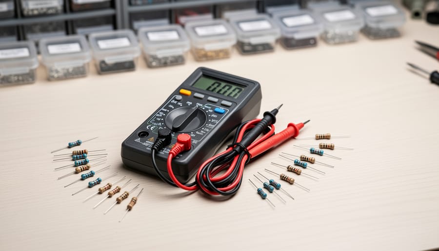 Digital multimeter and test leads on a workbench with small resistors arranged nearby
