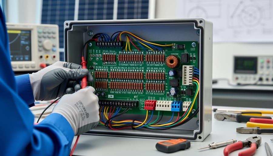 Open solar charge controller enclosure showing wiring and terminal blocks